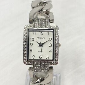 Studio Time Watch Women Silver Tone Crystals Bling Curb Link Tank New Batt 7.5"